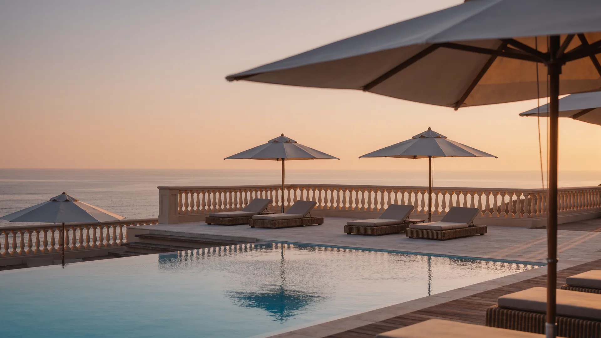 Resort pool terrace with parasols overlooking the sea at sunset