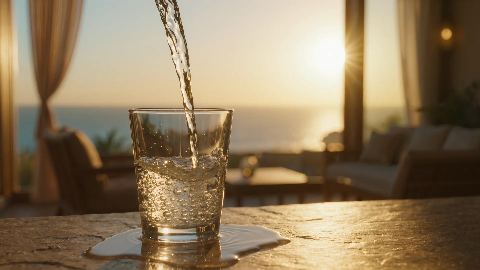 Clear water pouring into a glass on a stone surface, backlit