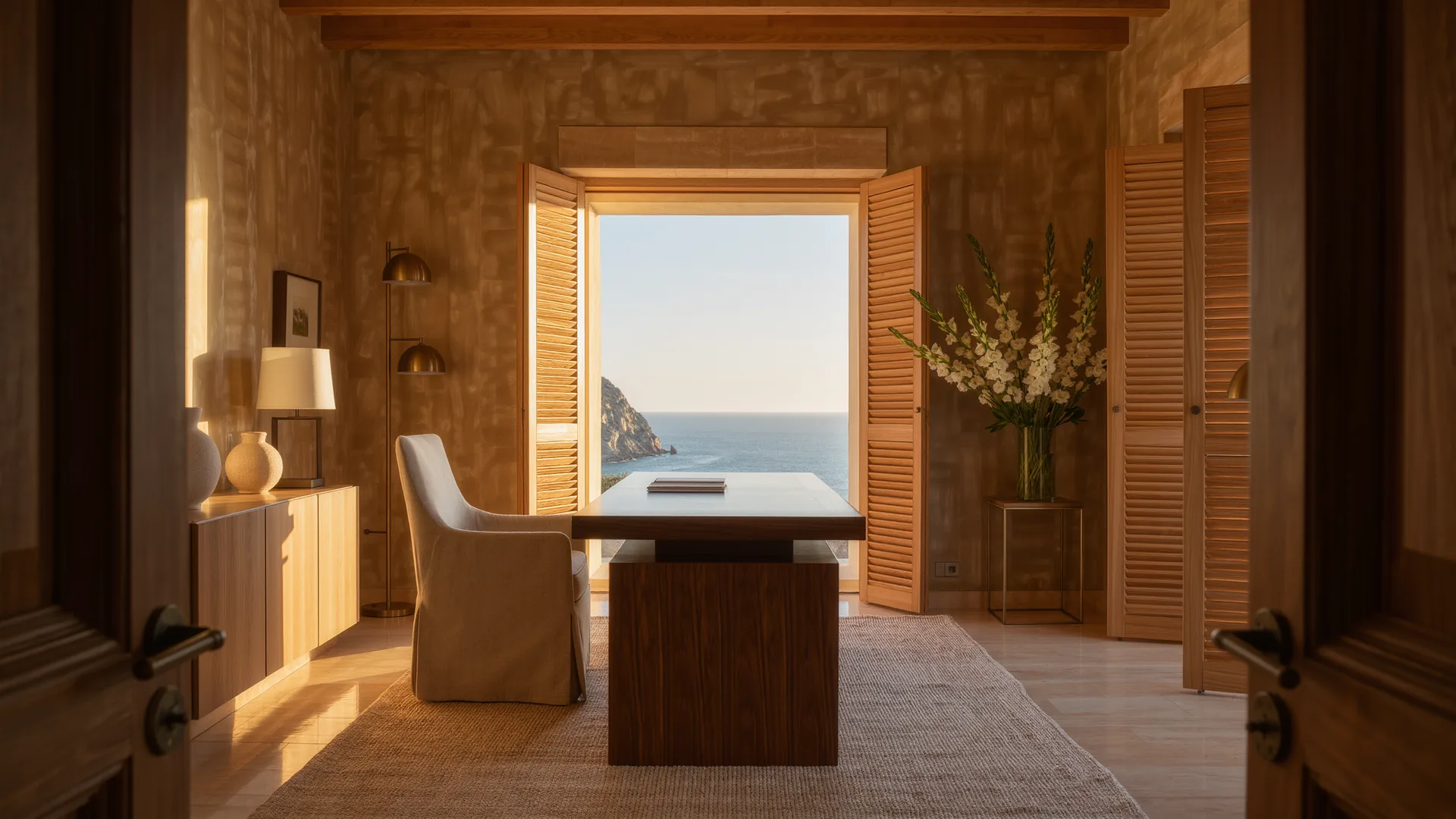Bright private consulting room with a wooden desk and shutters