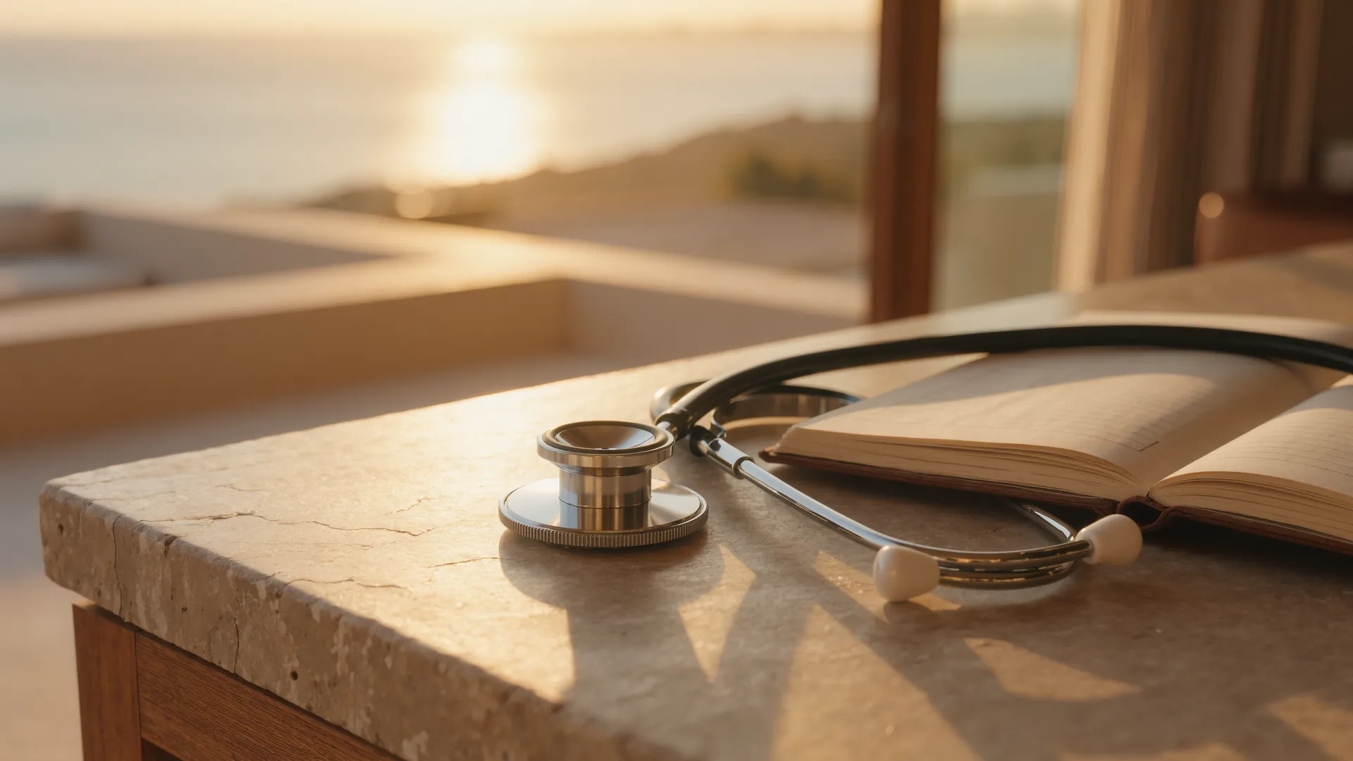 Stethoscope and notebook on a light stone desk in quiet morning light