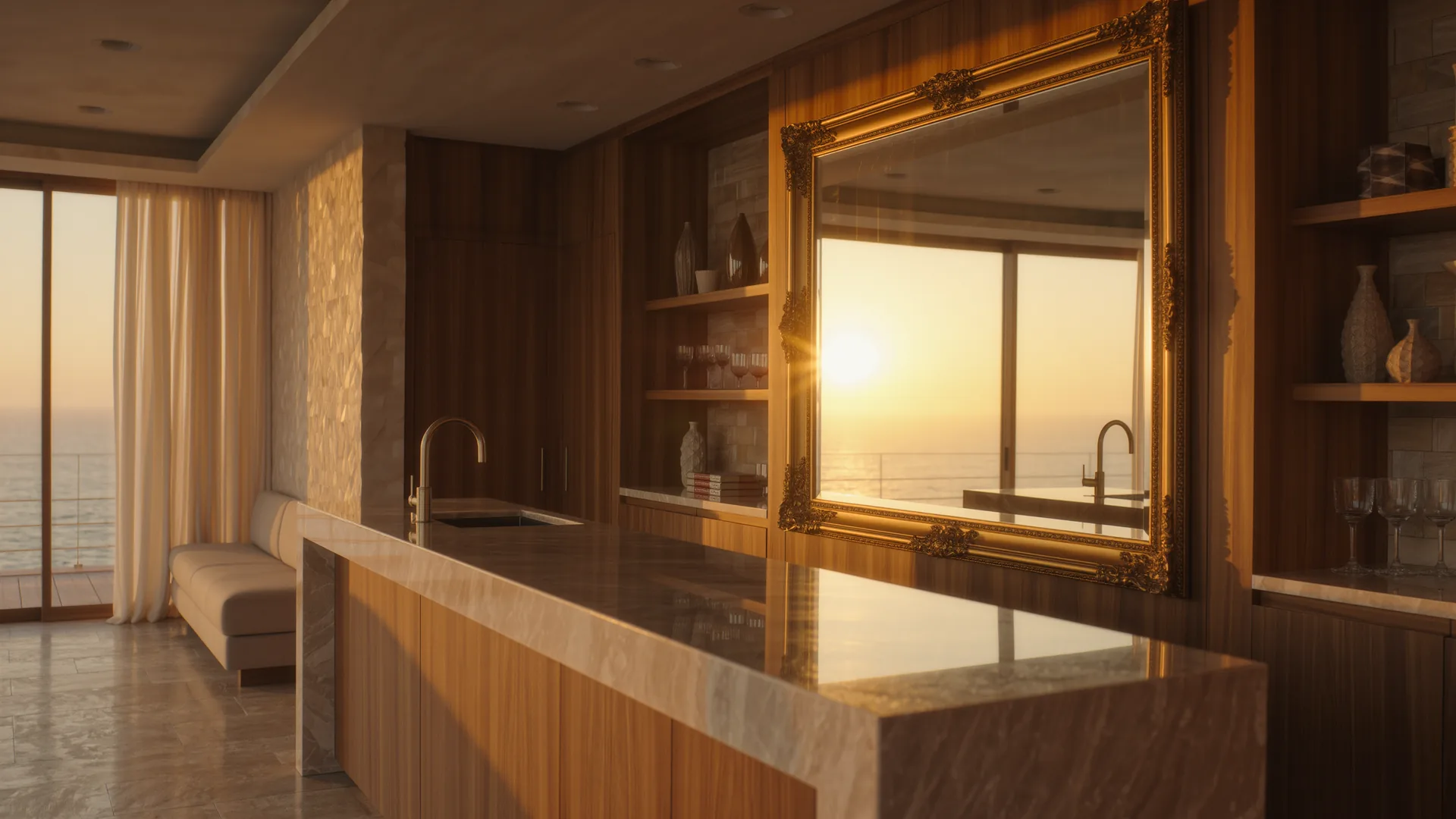 Elegant salon interior with brass mirrors and a marble counter