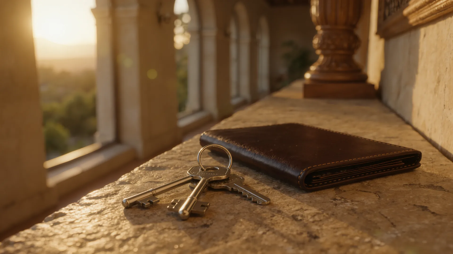 Set of keys and a leather folder on a stone console in a bright hallway