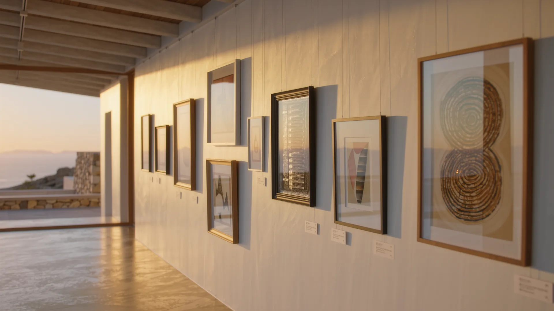 Bright white gallery room with framed works and a polished concrete floor