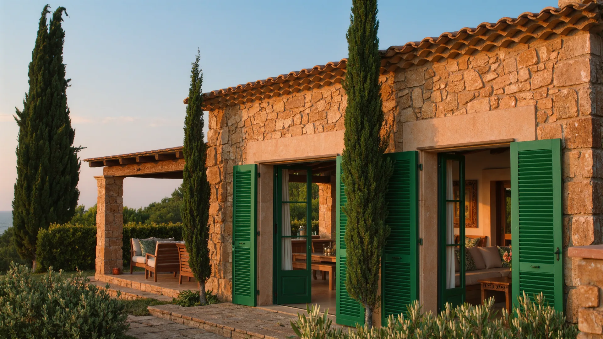Mallorcan finca of honey coloured stone with green shutters and cypresses at golden hour