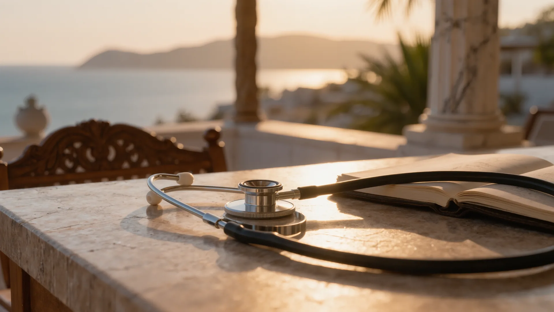 Stethoscope and notebook on a light stone desk in quiet morning light