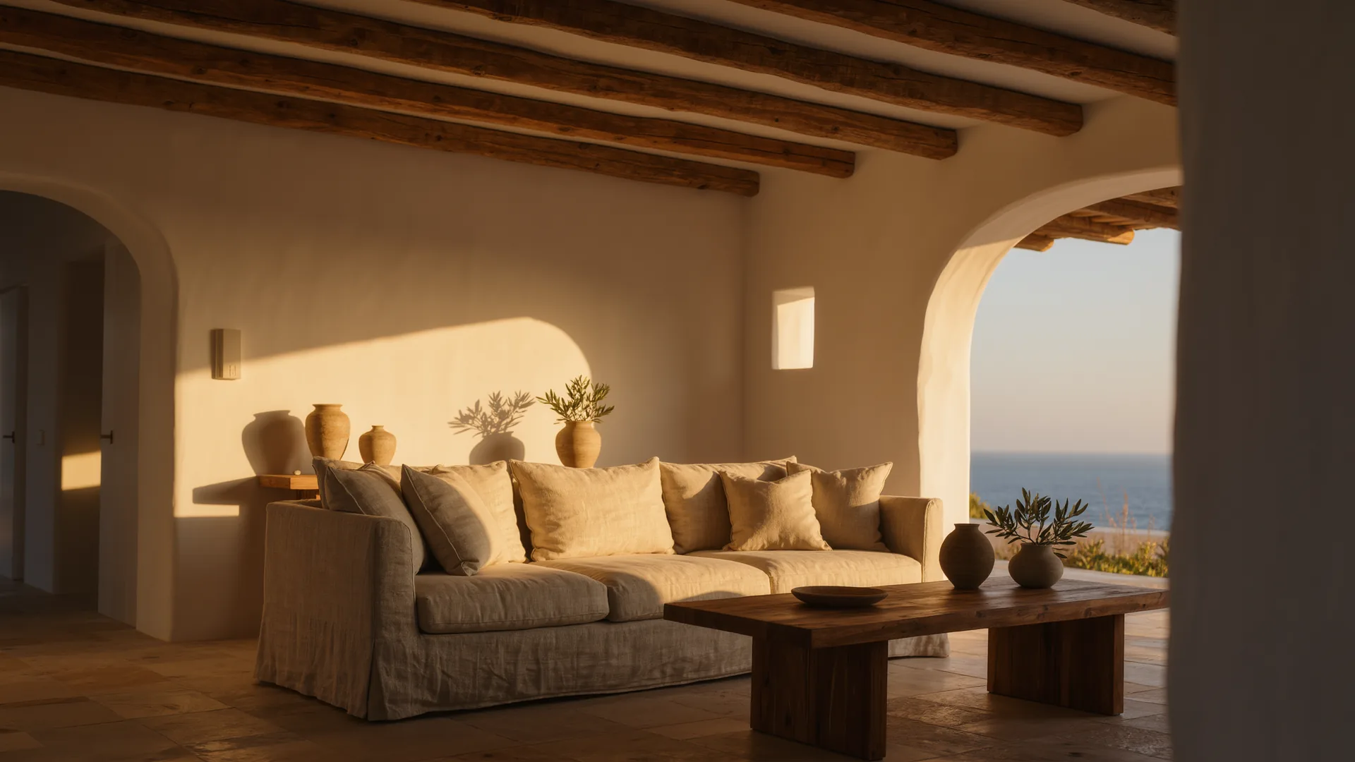 Mediterranean living room with lime plaster walls, a linen sofa and oak beams