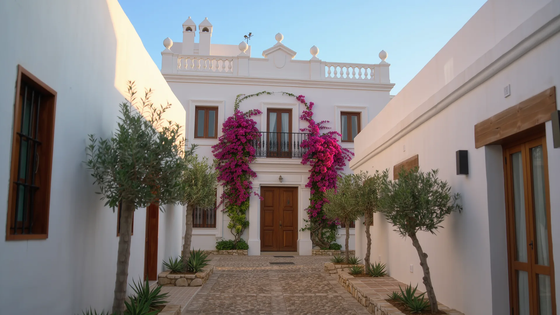 Andalusian white house with bougainvillea under a clear sky