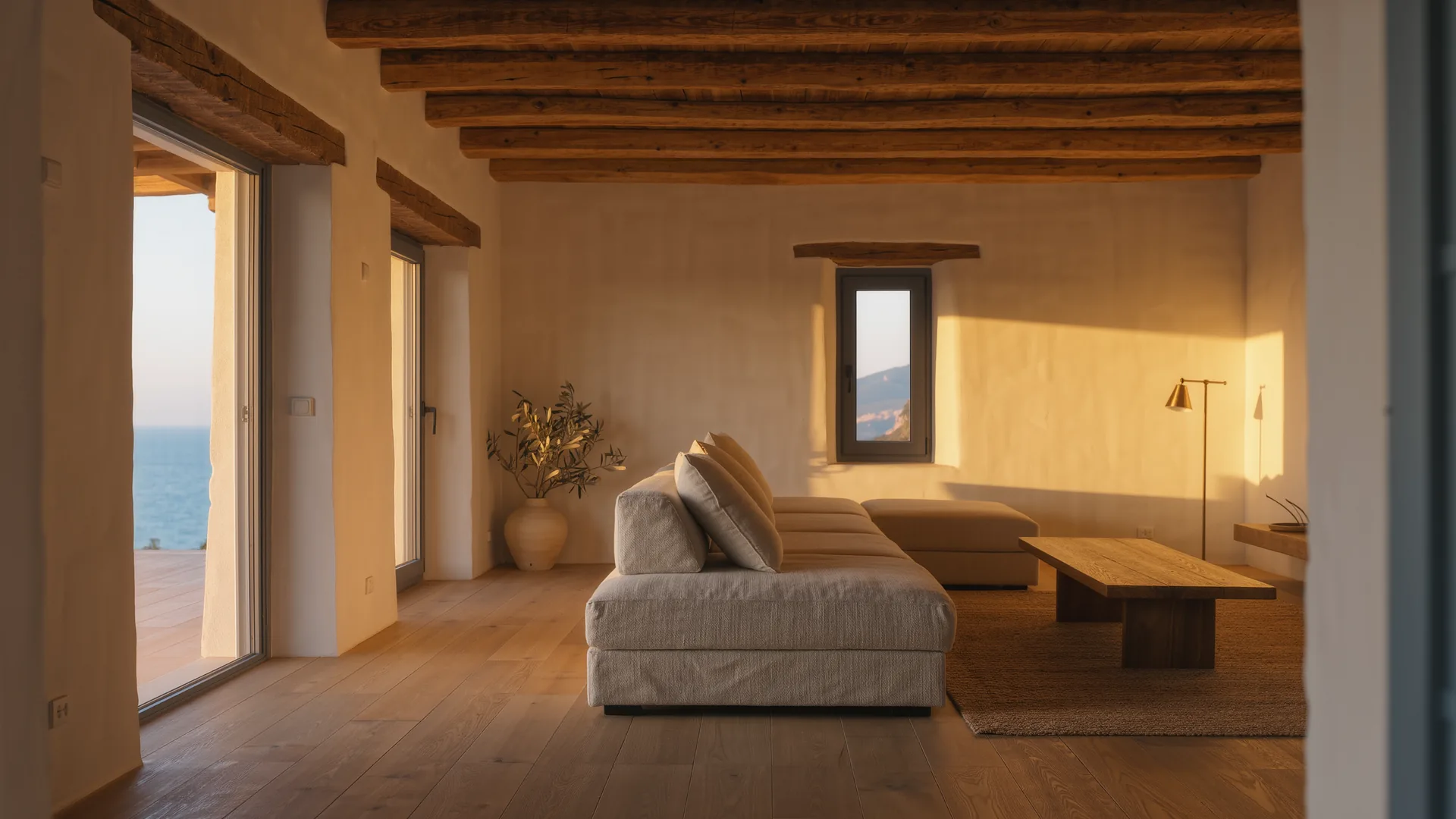 Mediterranean living room with lime plaster walls, a linen sofa and oak beams