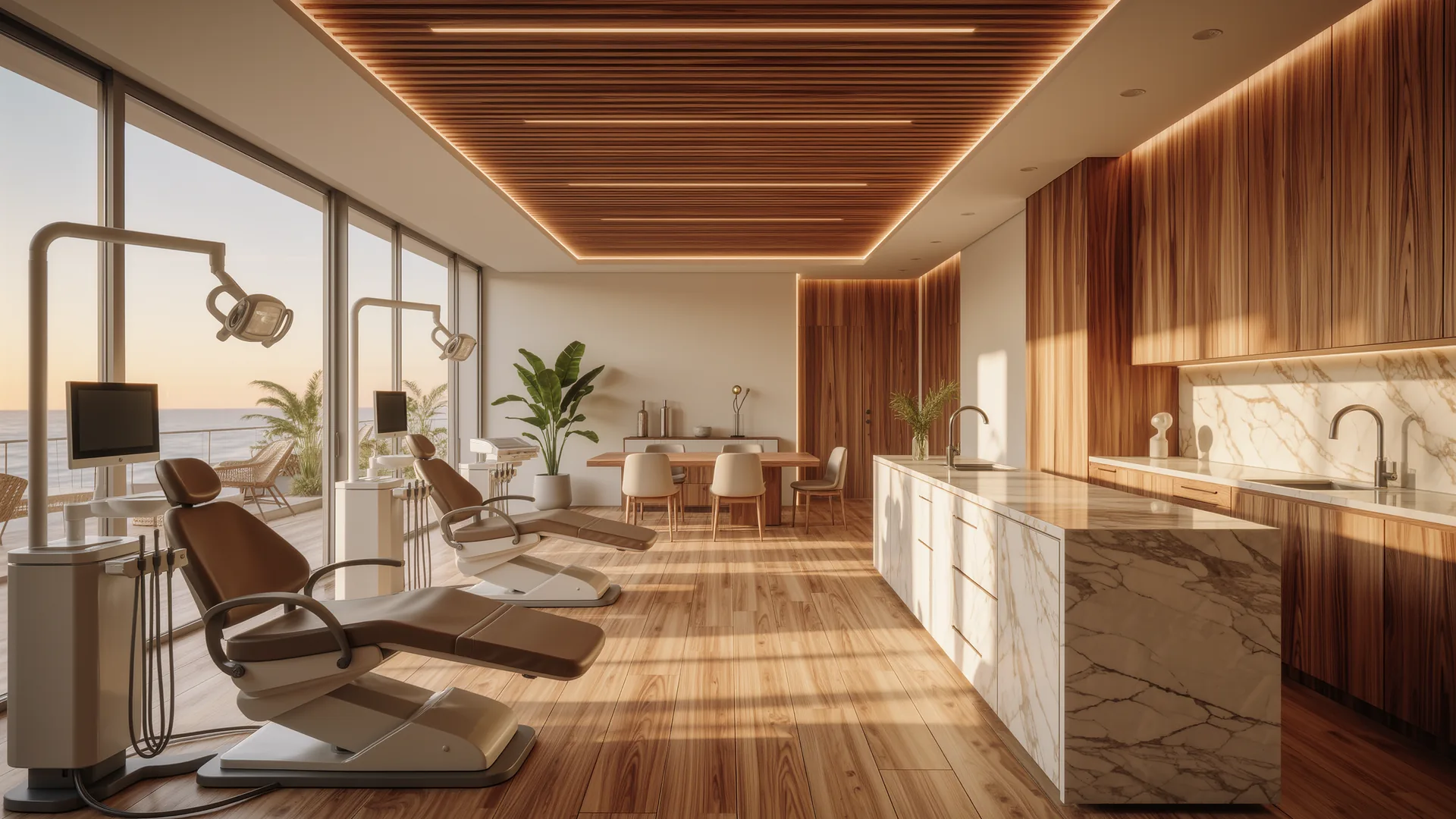 Modern dental clinic interior in white and wood with spotless surfaces