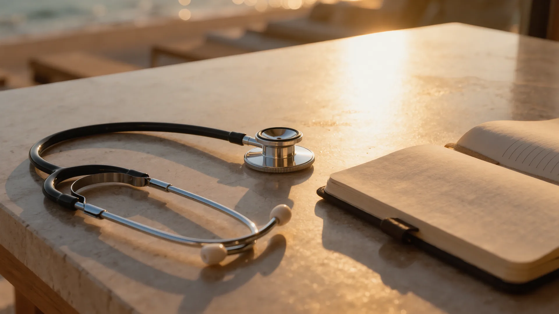 Stethoscope and notebook on a light stone desk in quiet morning light