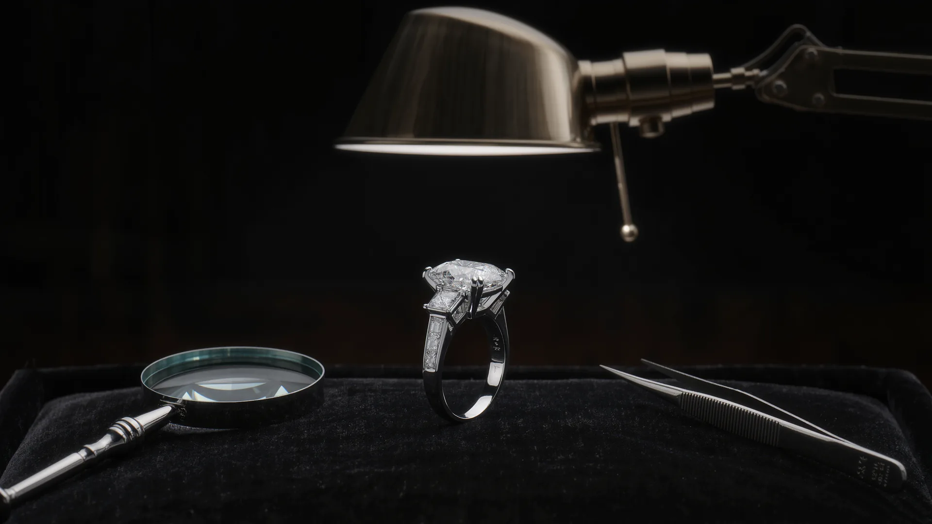Diamond ring on black velvet under a jeweller's lamp, with loupe and tweezers