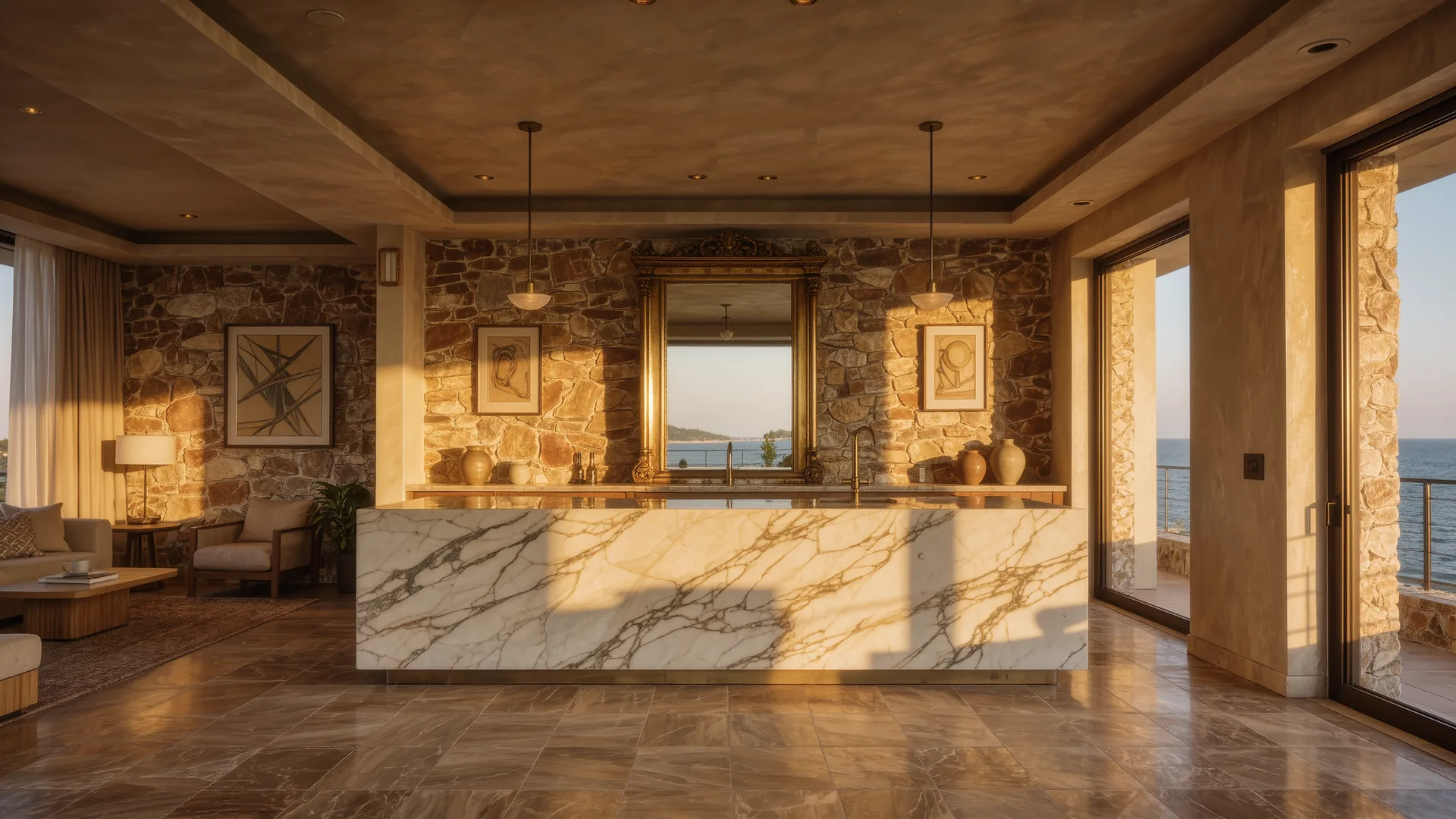 Elegant salon interior with brass mirrors and a marble counter
