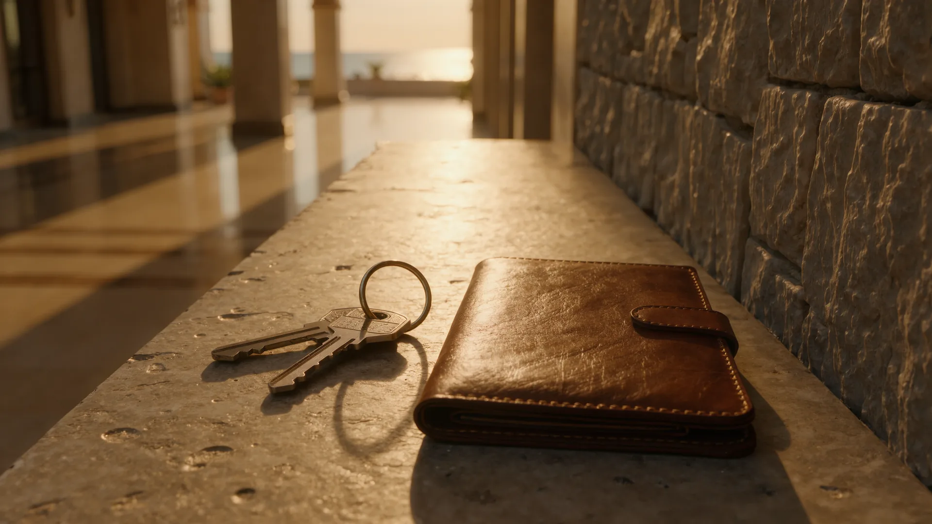 Set of keys and a leather folder on a stone console in a bright hallway