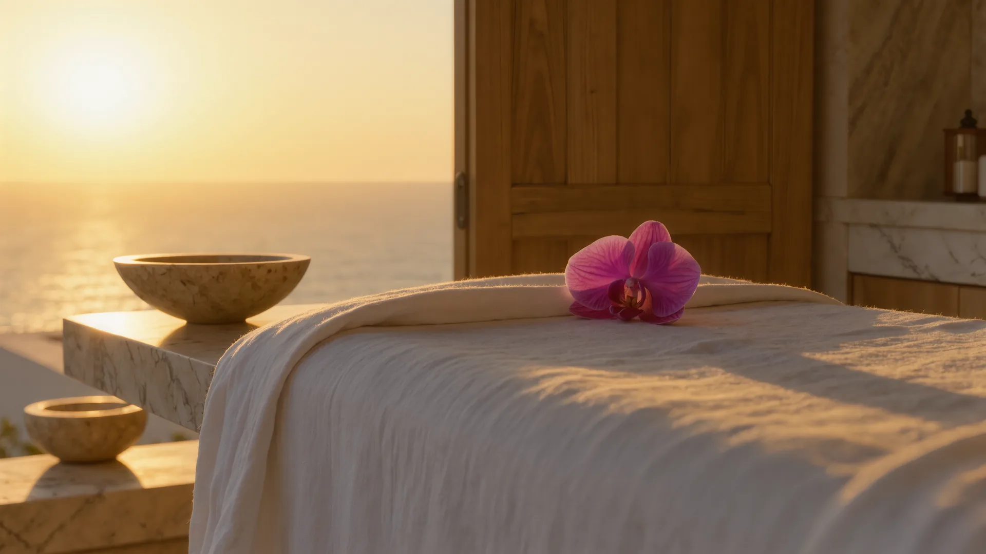 Serene treatment room with white linen, a stone bowl and a single orchid