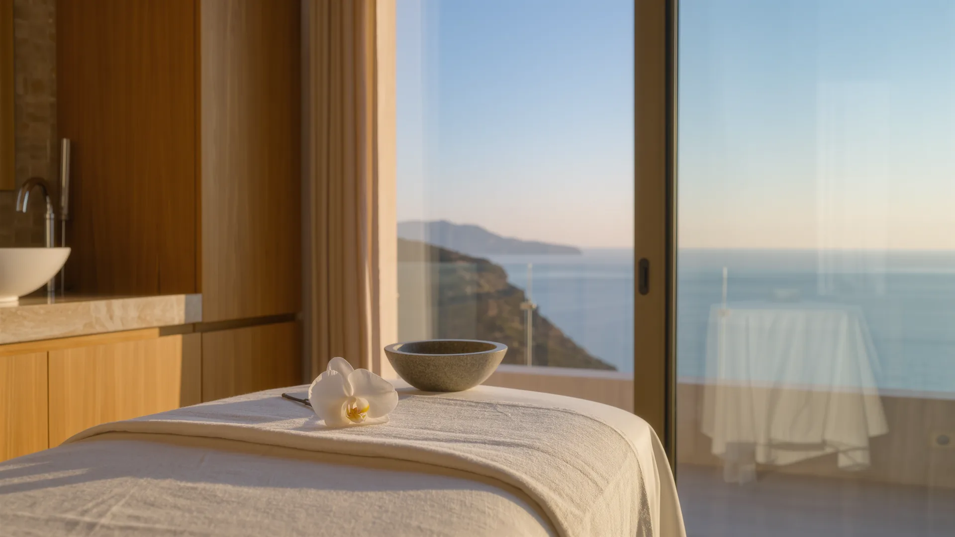 Serene treatment room with white linen, a stone bowl and a single orchid