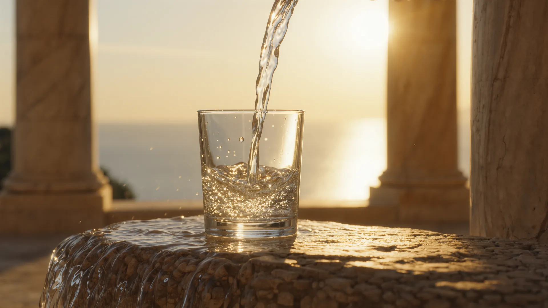 Clear water pouring into a glass on a stone surface, backlit