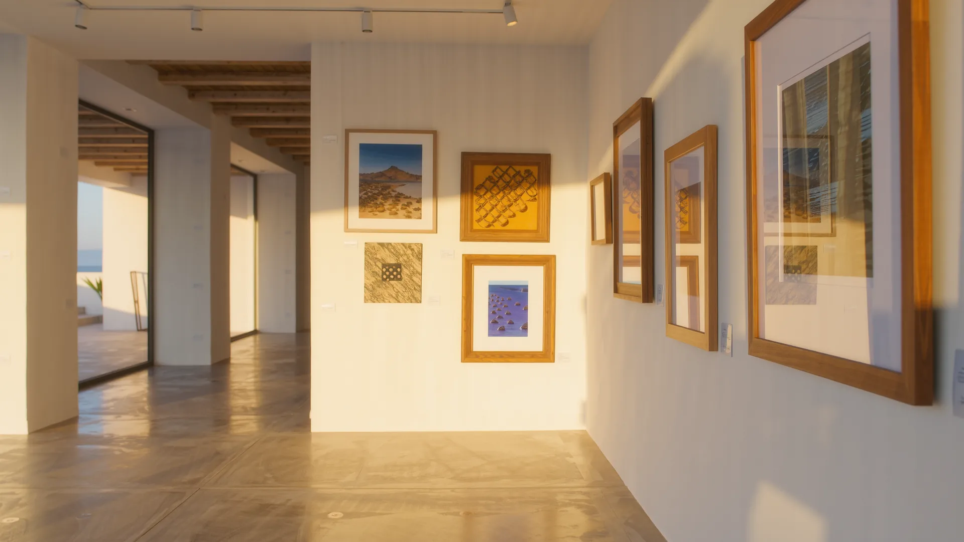 Bright white gallery room with framed works and a polished concrete floor