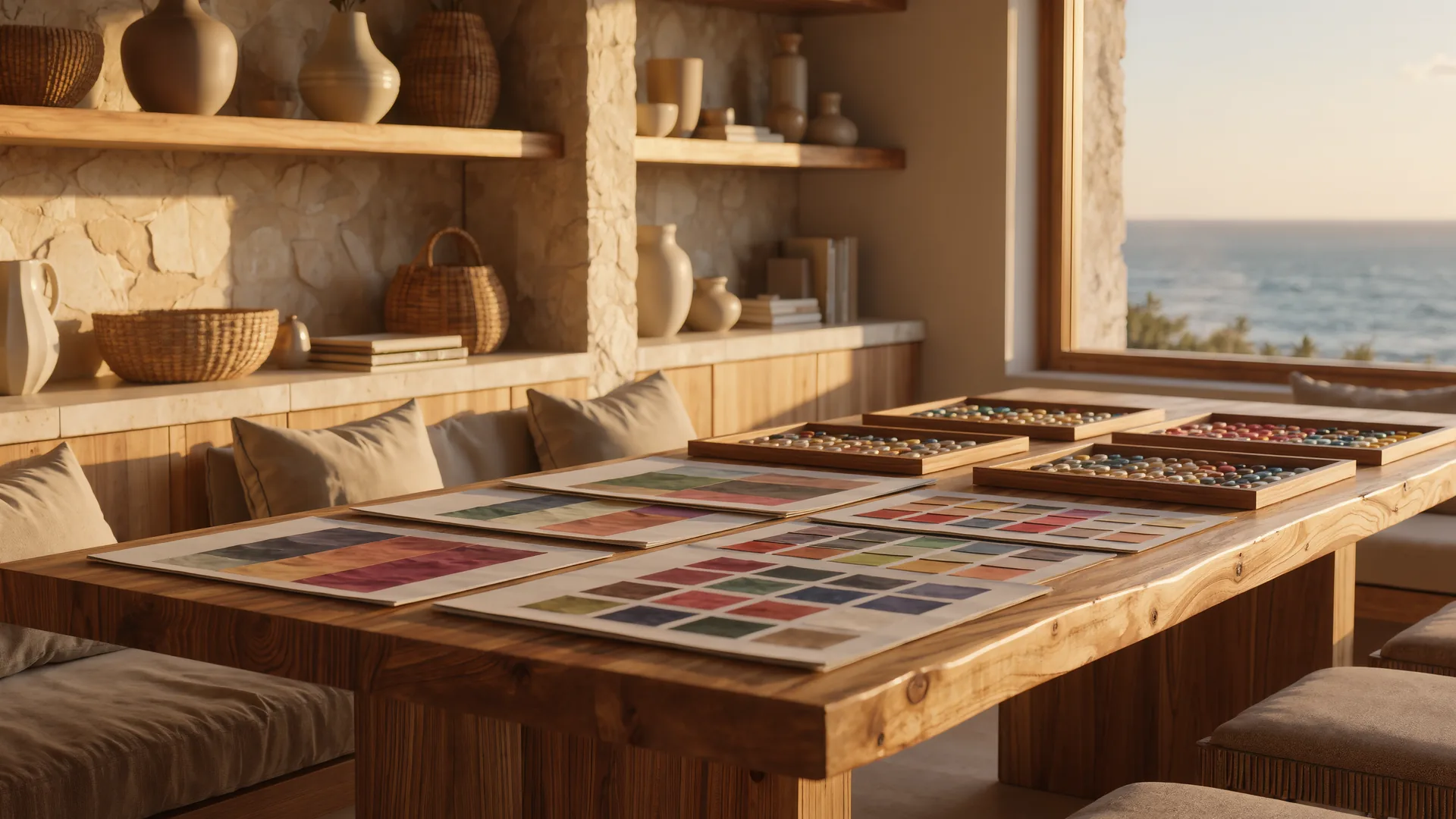 Creative studio desk with mood boards and colour swatches