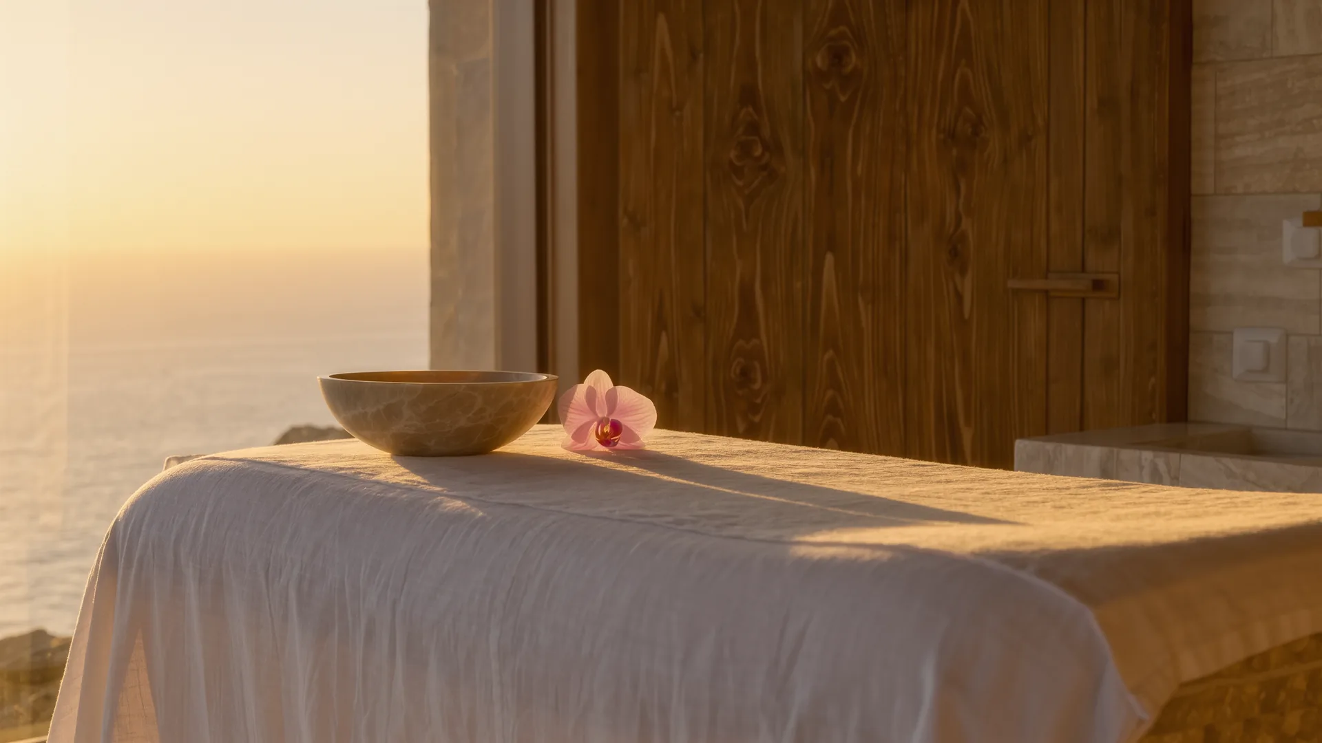 Serene treatment room with white linen, a stone bowl and a single orchid
