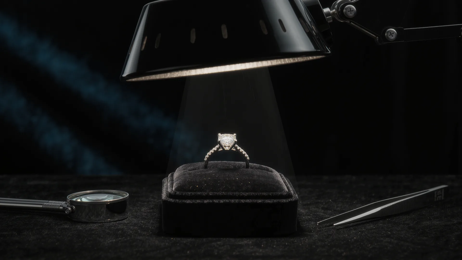 Diamond ring on black velvet under a jeweller's lamp, with loupe and tweezers