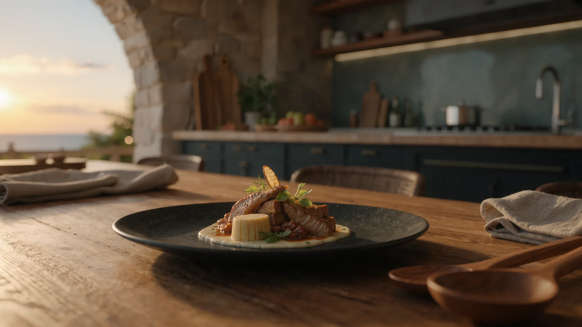 Plated fine dining dish on dark ceramic with the kitchen pass behind