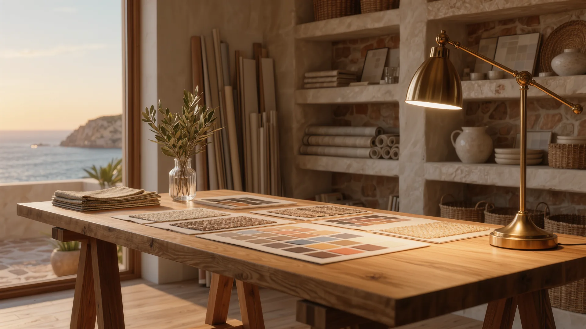 Creative studio desk with mood boards and colour swatches