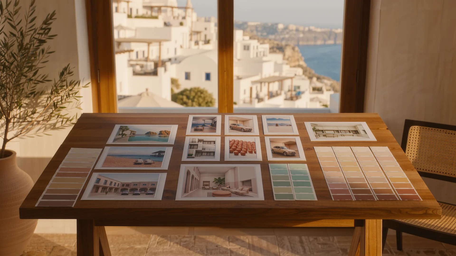 Creative studio desk with mood boards and colour swatches