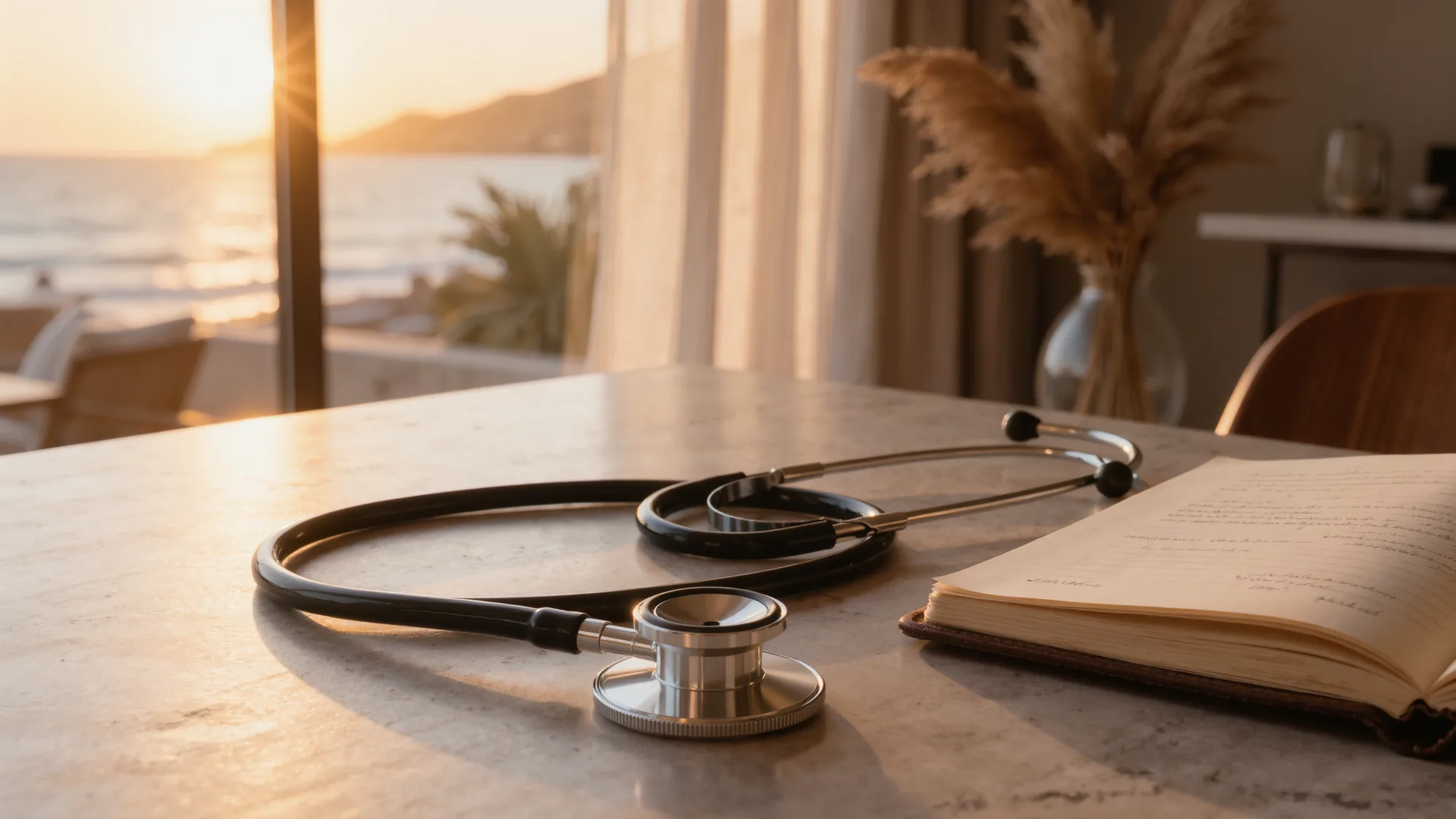 Stethoscope and notebook on a light stone desk in quiet morning light
