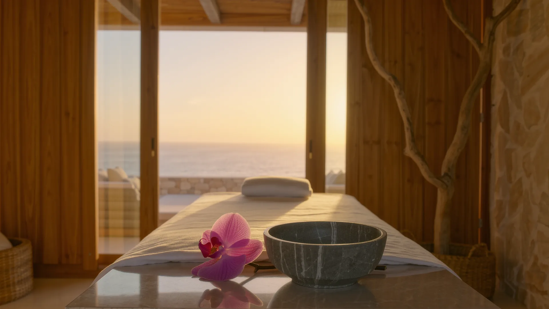 Serene treatment room with white linen, a stone bowl and a single orchid