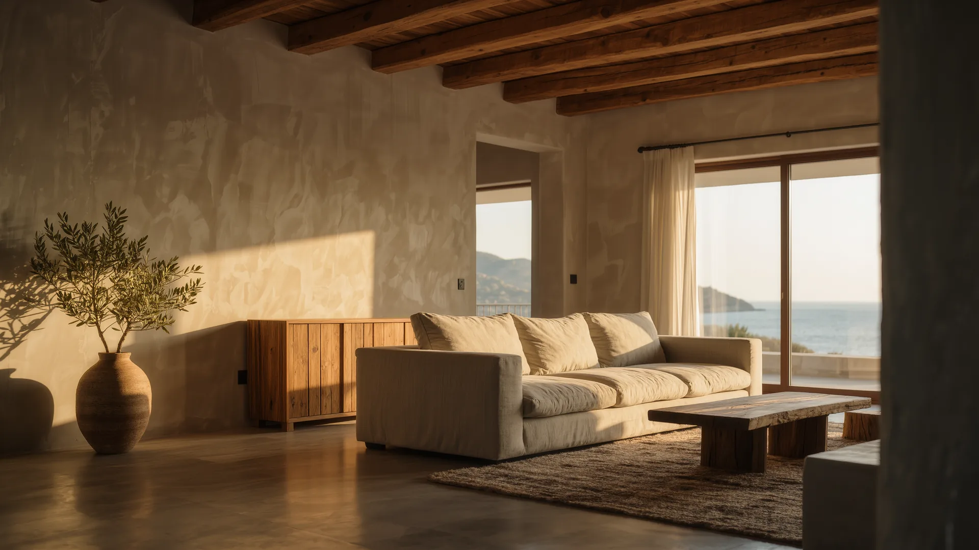 Mediterranean living room with lime plaster walls, a linen sofa and oak beams