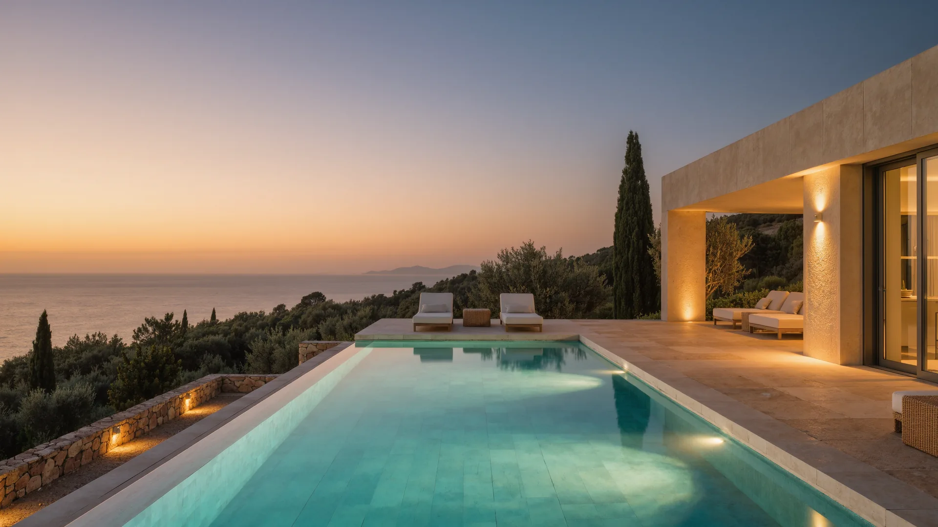 Modern villa terrace with an infinity pool above the Mediterranean at dusk