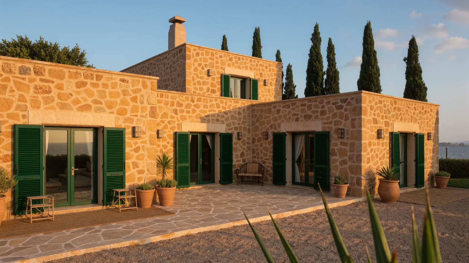 Mallorcan finca of honey coloured stone with green shutters and cypresses at golden hour