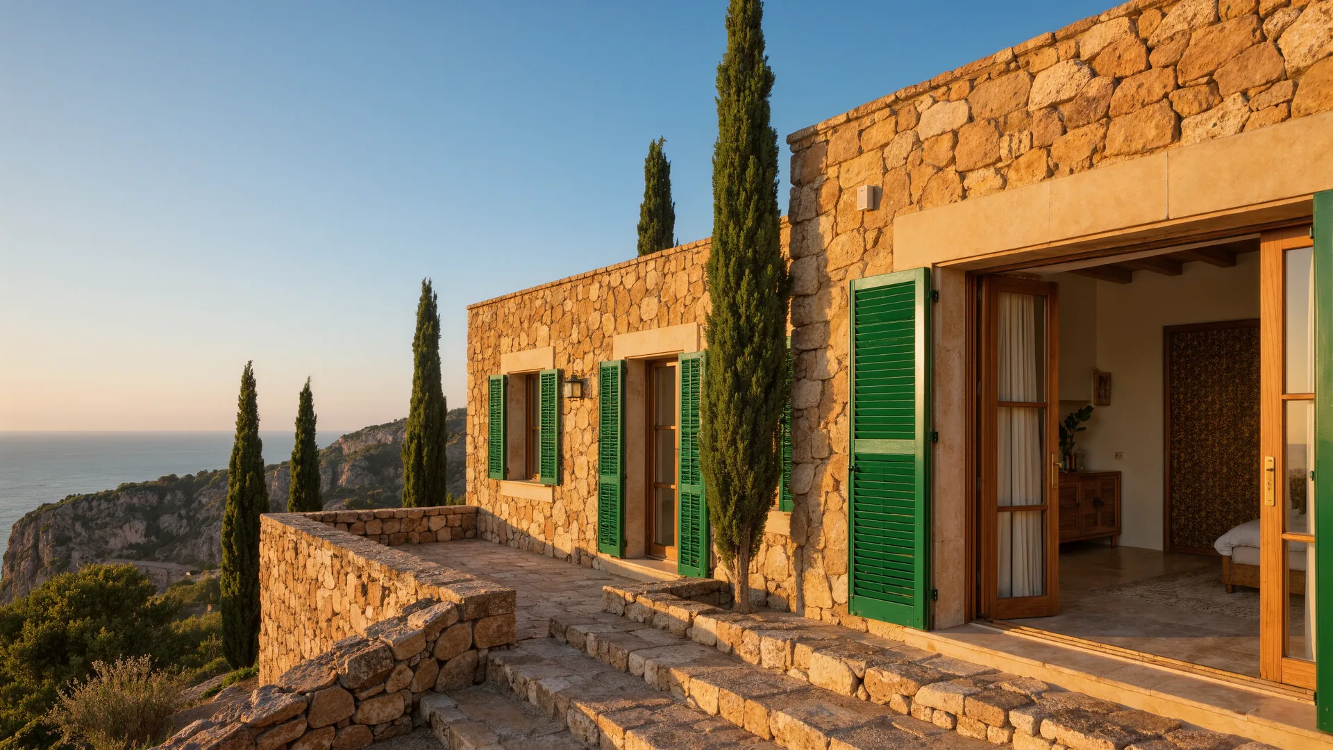 Mallorcan finca of honey coloured stone with green shutters and cypresses at golden hour