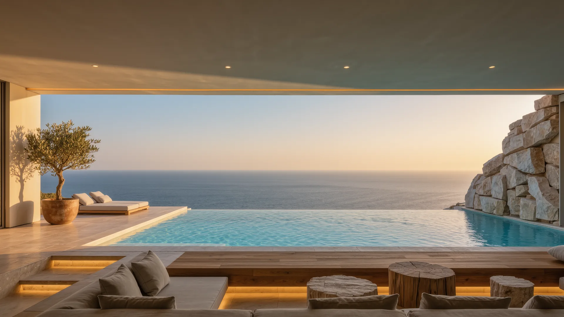 Modern villa terrace with an infinity pool above the Mediterranean at dusk