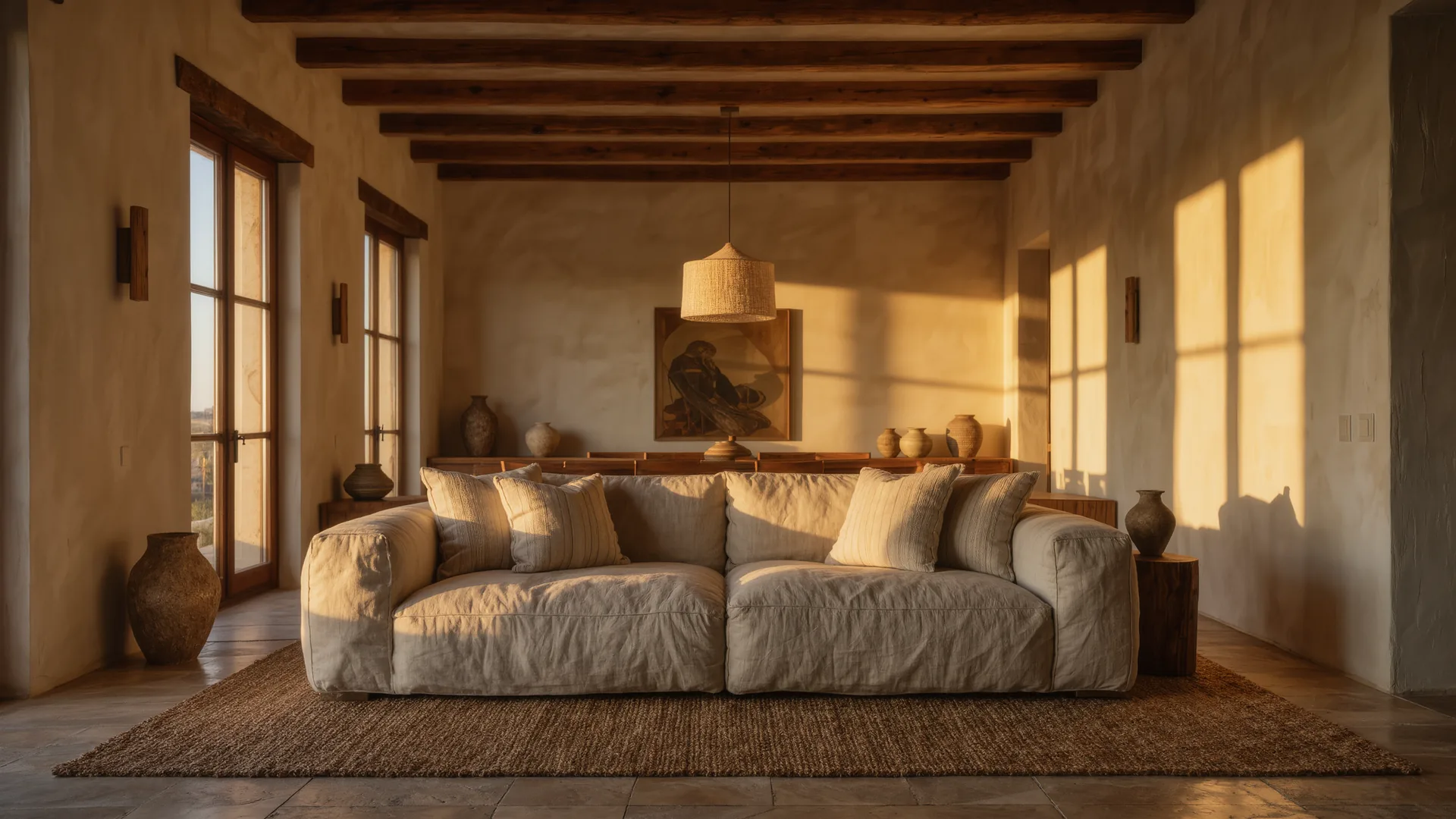 Mediterranean living room with lime plaster walls, a linen sofa and oak beams