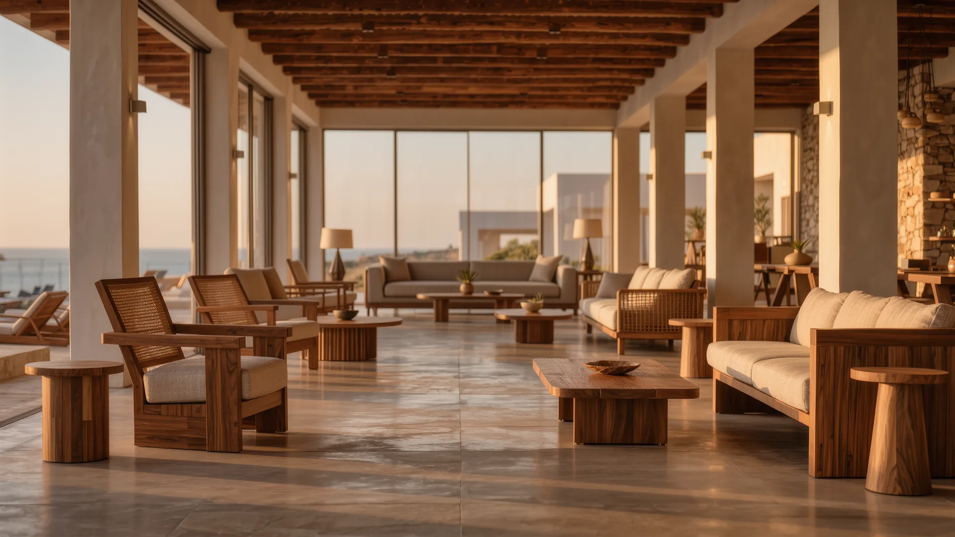 Showroom of designer furniture in natural tones with a high ceiling