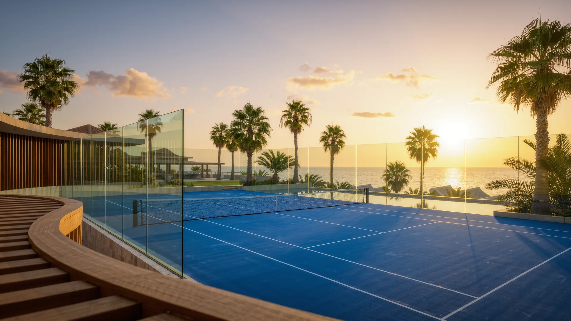 Padel court with glass walls and a blue surface among palm trees