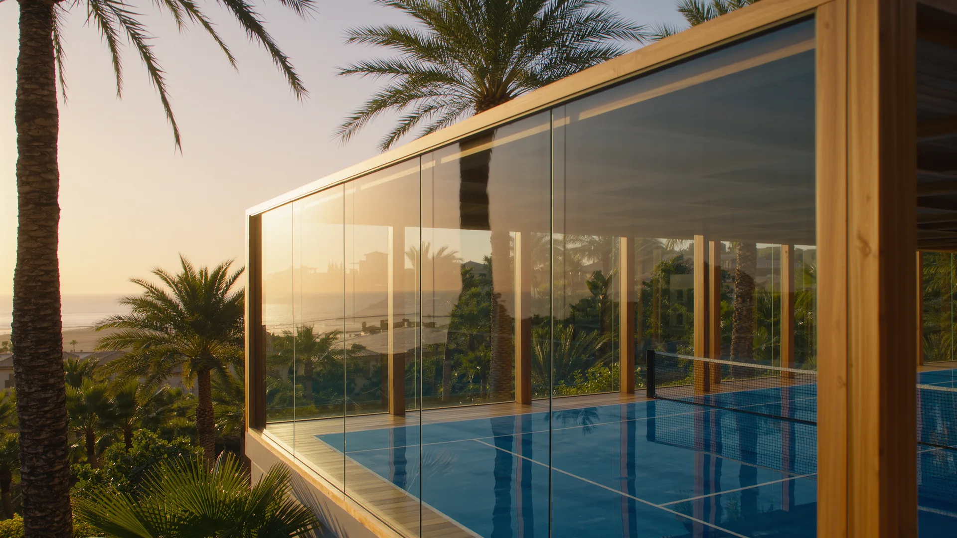 Padel court with glass walls and a blue surface among palm trees