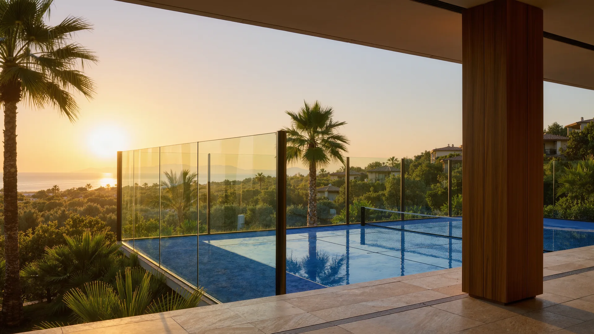 Padel court with glass walls and a blue surface among palm trees