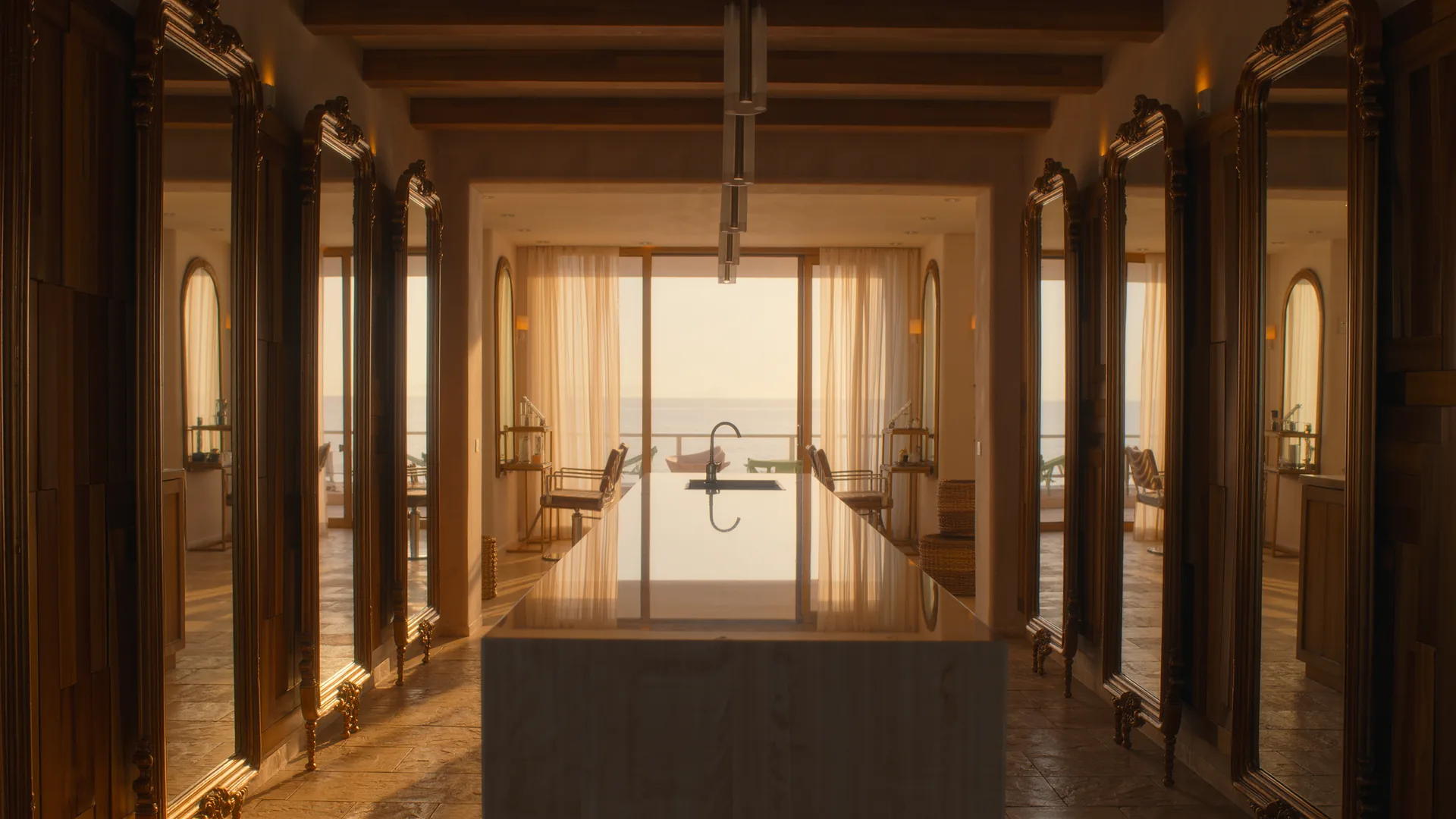 Elegant salon interior with brass mirrors and a marble counter