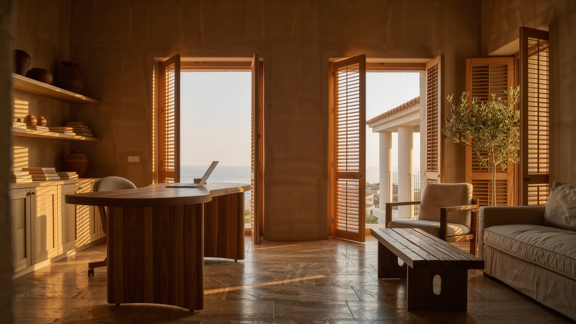 Bright private consulting room with a wooden desk and shutters