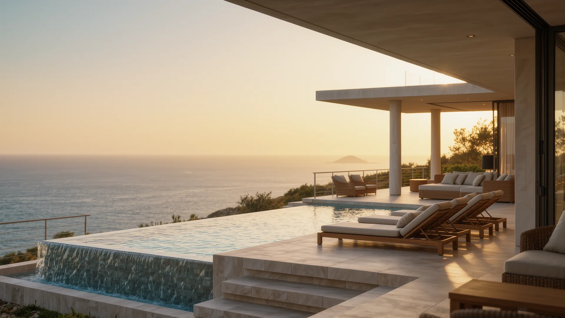 Modern villa terrace with an infinity pool above the Mediterranean at dusk
