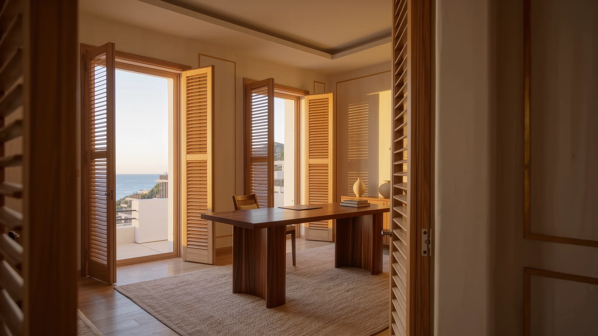 Bright private consulting room with a wooden desk and shutters