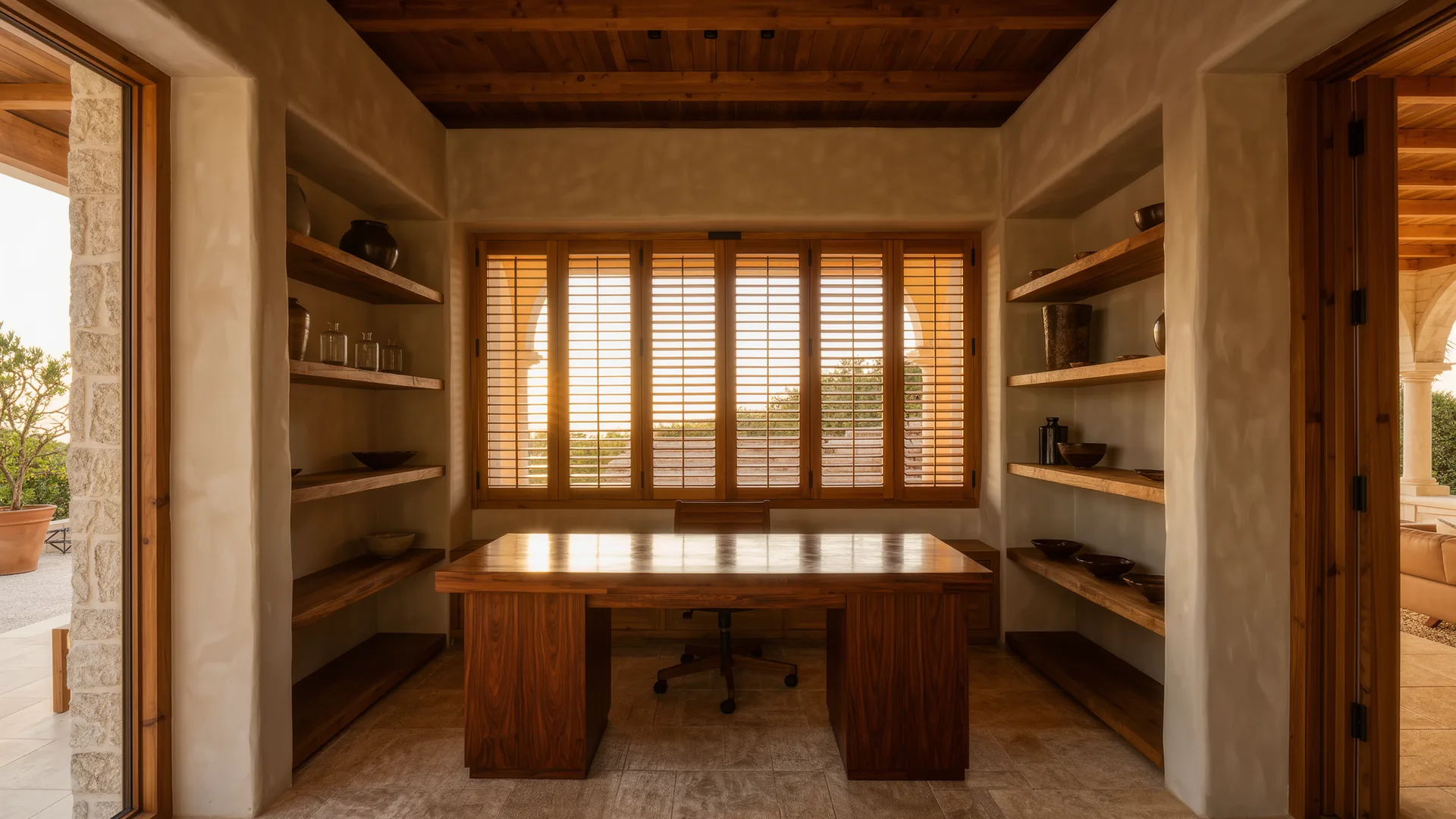 Bright private consulting room with a wooden desk and shutters