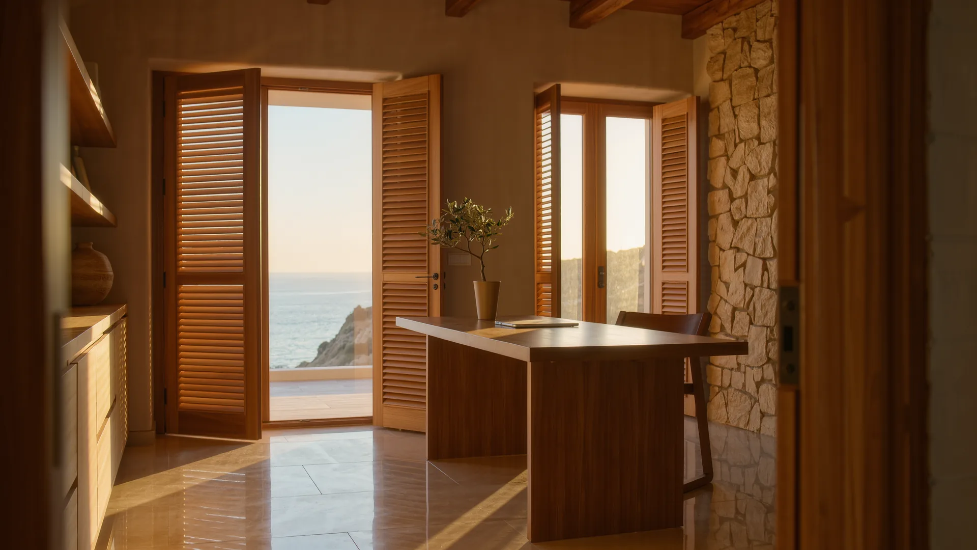 Bright private consulting room with a wooden desk and shutters