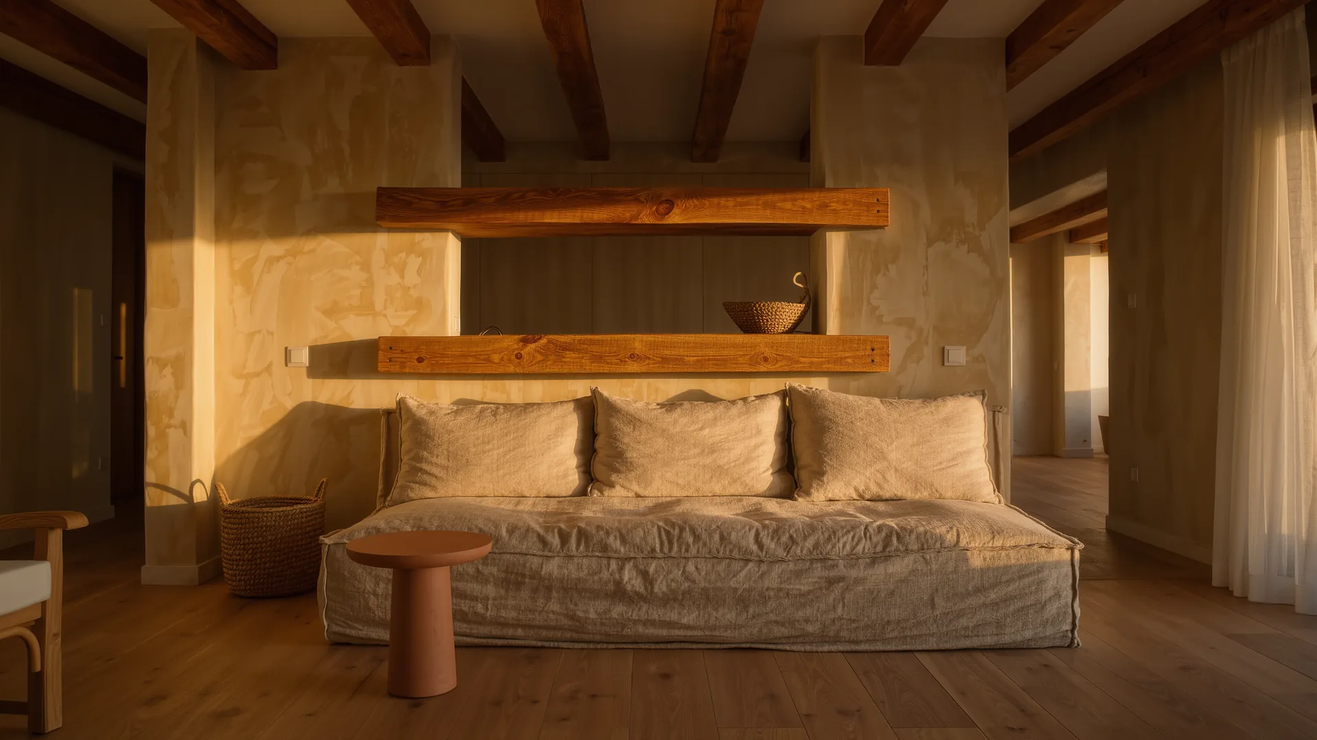 Mediterranean living room with lime plaster walls, a linen sofa and oak beams