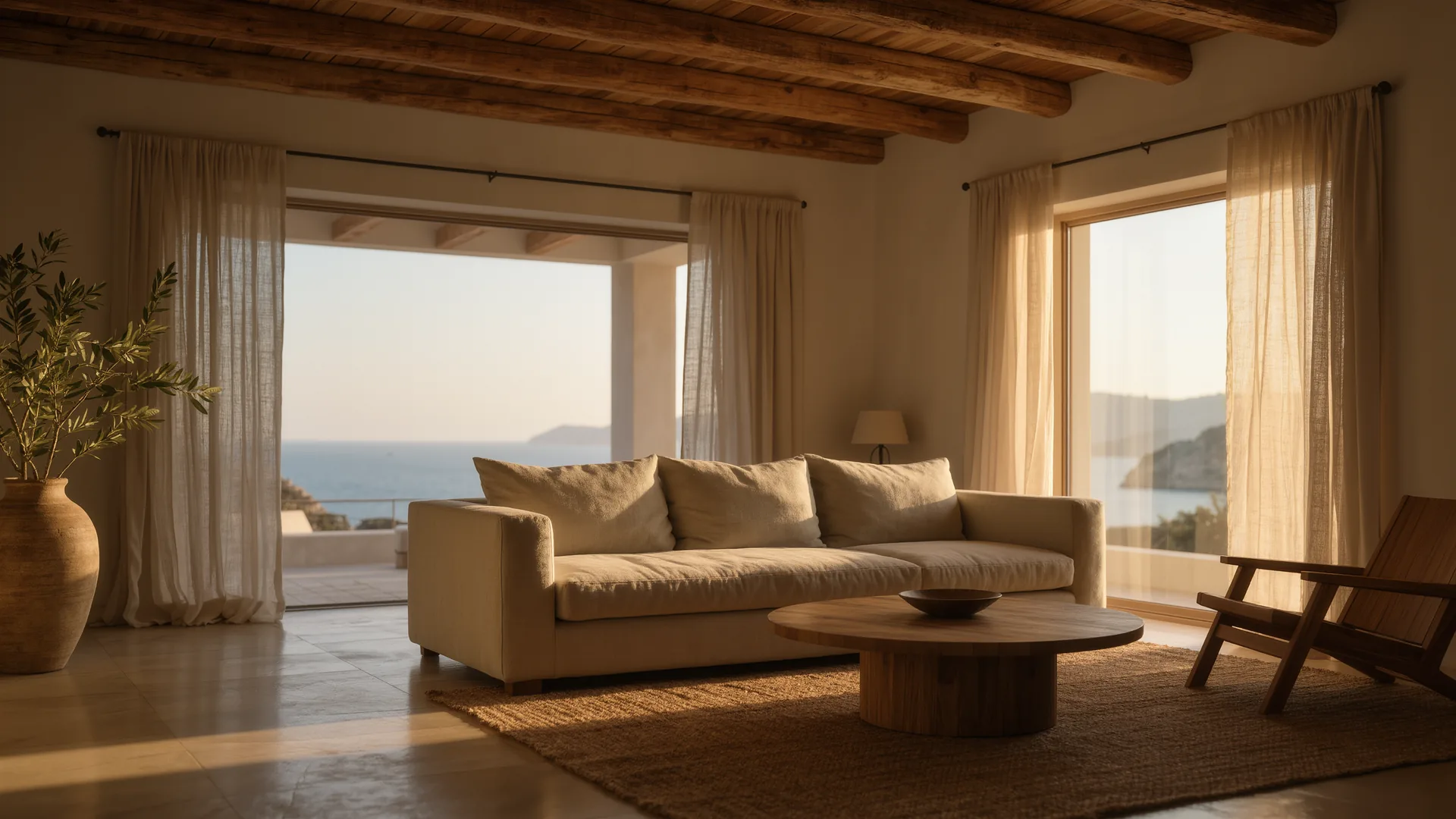 Mediterranean living room with lime plaster walls, a linen sofa and oak beams