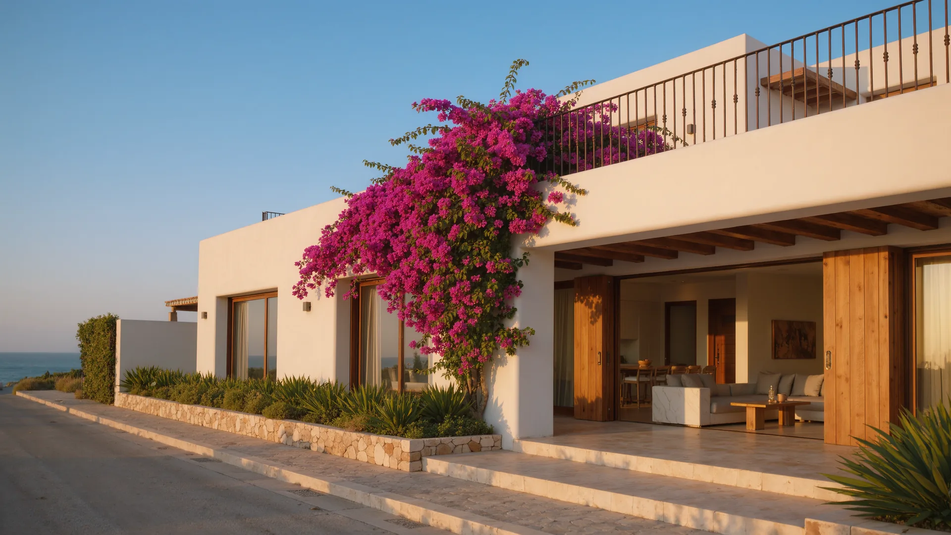 Andalusian white house with bougainvillea under a clear sky