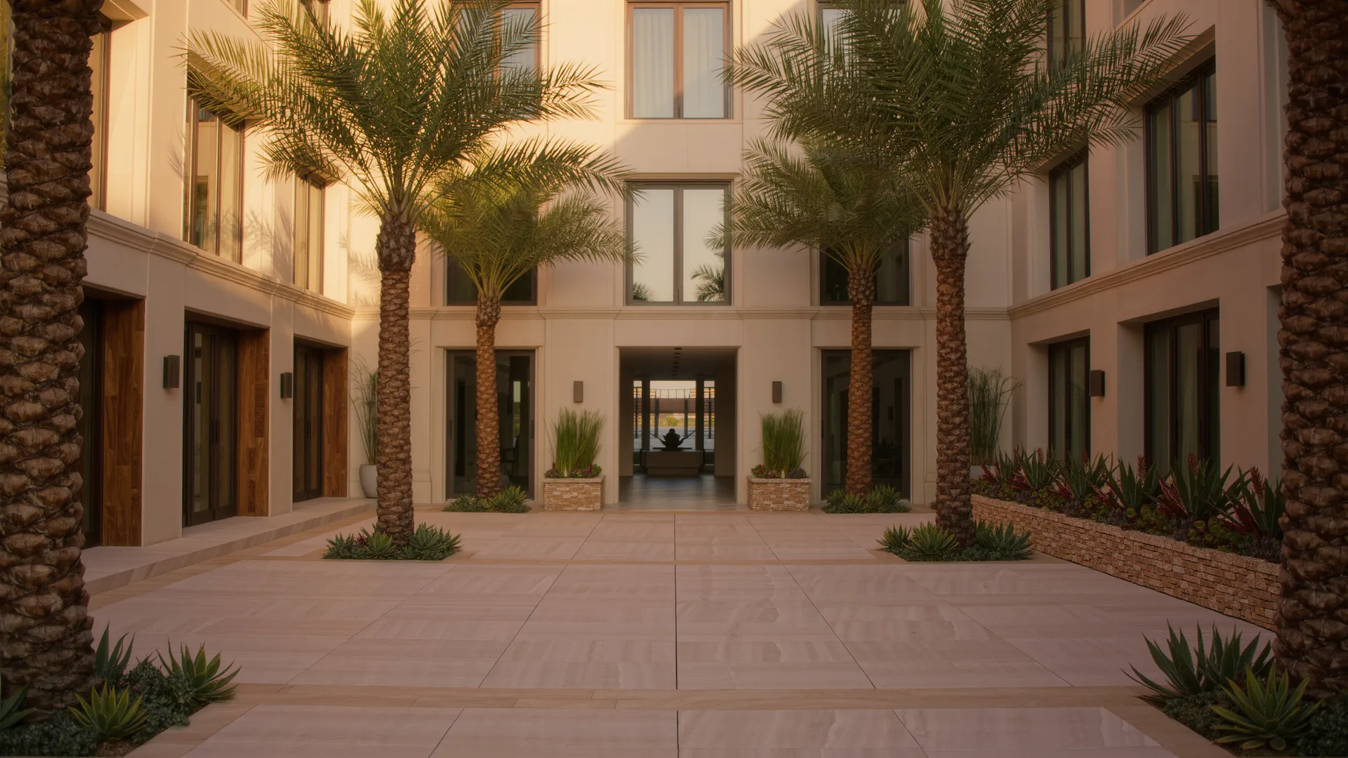 Apartment building courtyard with palms and a clean tiled walkway in morning light