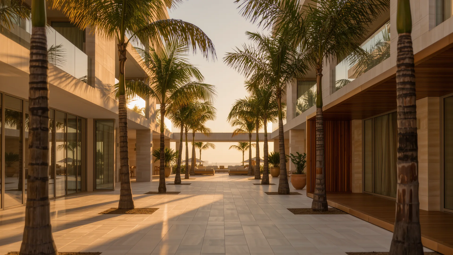 Apartment building courtyard with palms and a clean tiled walkway in morning light